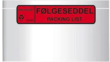 Docustick Standard lähetyslista-tasku painatuksella C65 225 mm x 122 mm